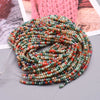 A thick strand of multicolored faceted crystal rondelle beads in shades of green, pink, and amber for jewelry making.