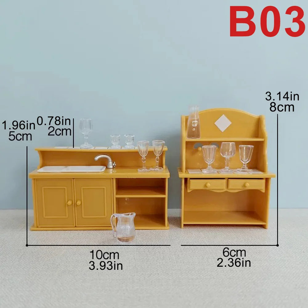 A yellow miniature dollhouse furniture set featuring a cabinet and a shelf display, with dimensions provided.
