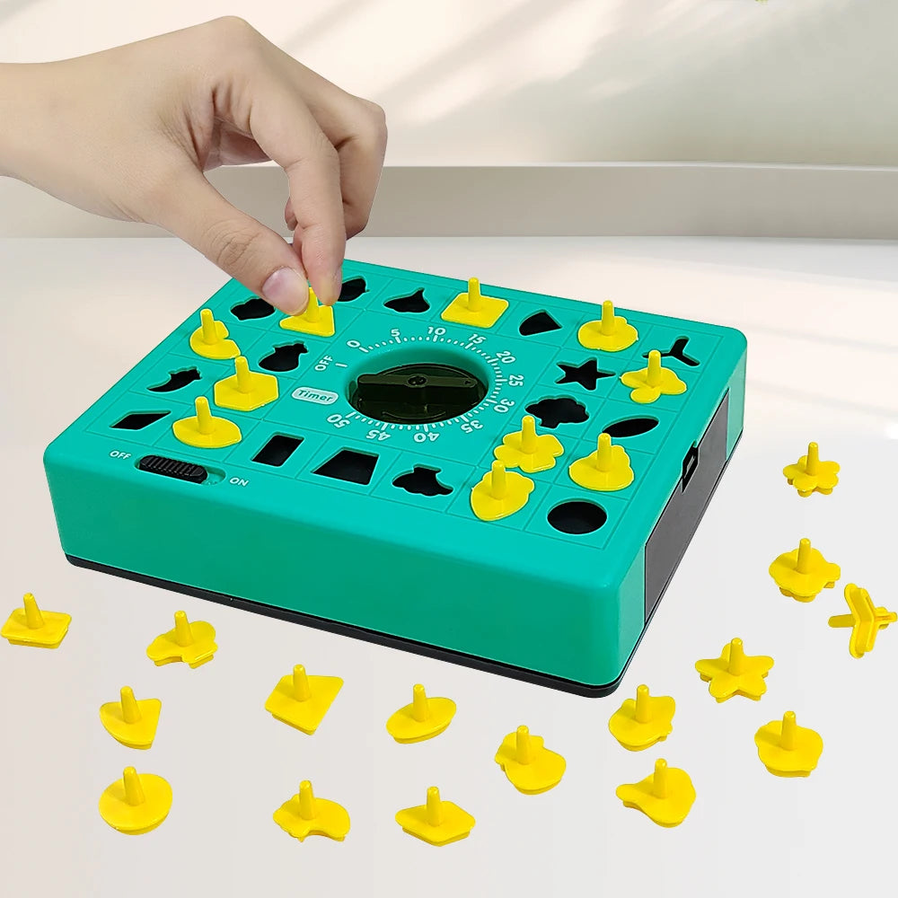 A hand is placing a yellow puzzle piece onto a green board for a shape matching puzzle game.