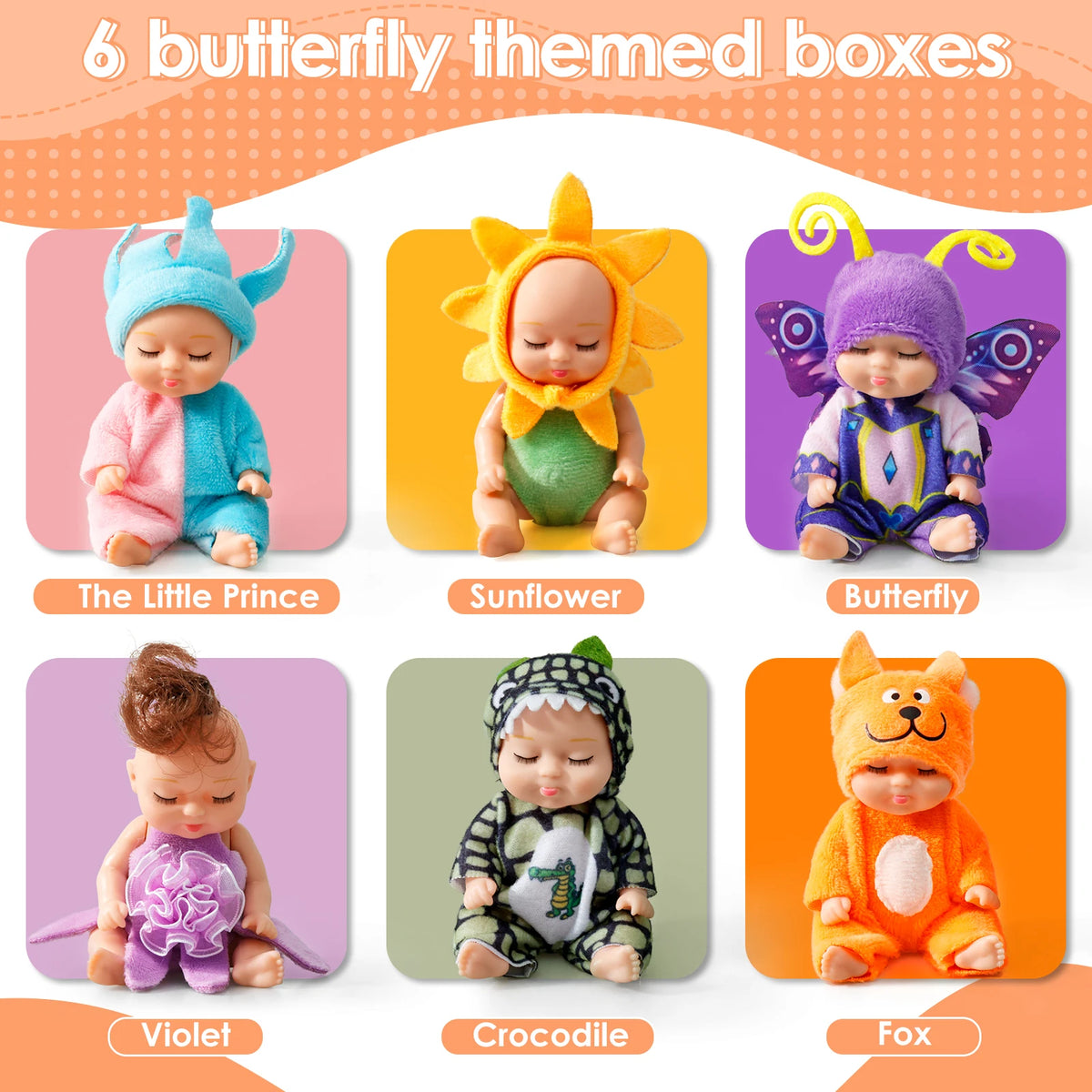 Six butterfly themed boxes featuring cute sleeping reborn baby dolls in various colors like prince, sunflower, violet, crocod