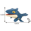 A blue finger dinosaur fidget toy with movable joints, showing its profile and dimensions.