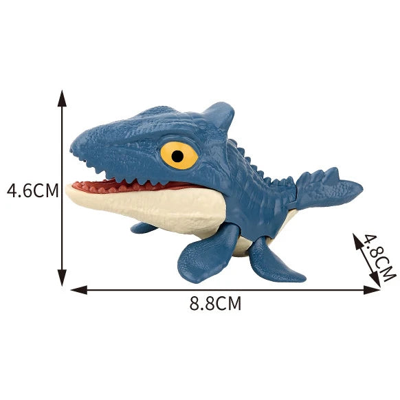 A blue finger dinosaur fidget toy with movable joints, showing its profile and dimensions.