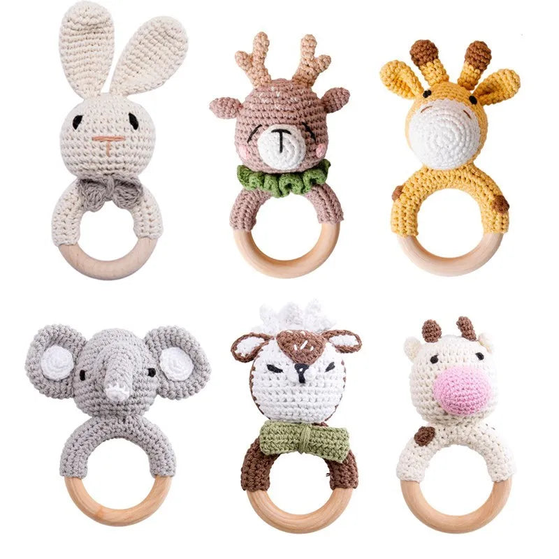 Crochet Bunny Rattle & Teether Toy with Wooden Ring