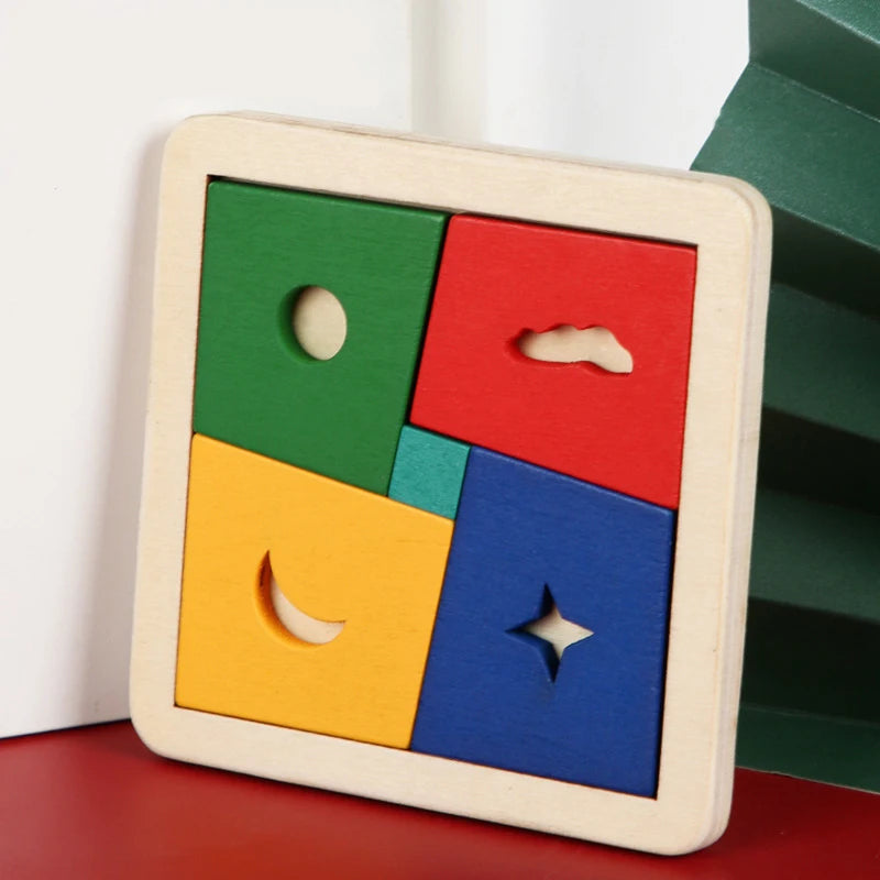 A wooden tangram puzzle set with colored geometric shapes on a light wood background.