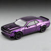 A purple Dodge Challenger SRT Hellcat diecast model car shown in a side profile against a gray background.