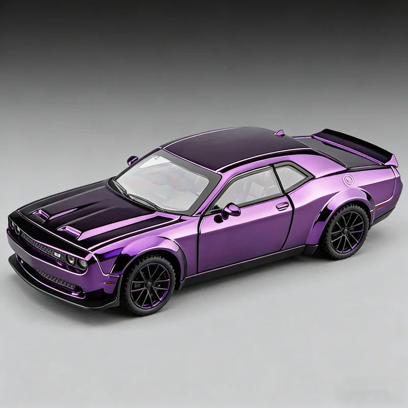 A purple Dodge Challenger SRT Hellcat diecast model car shown in a side profile against a gray background.