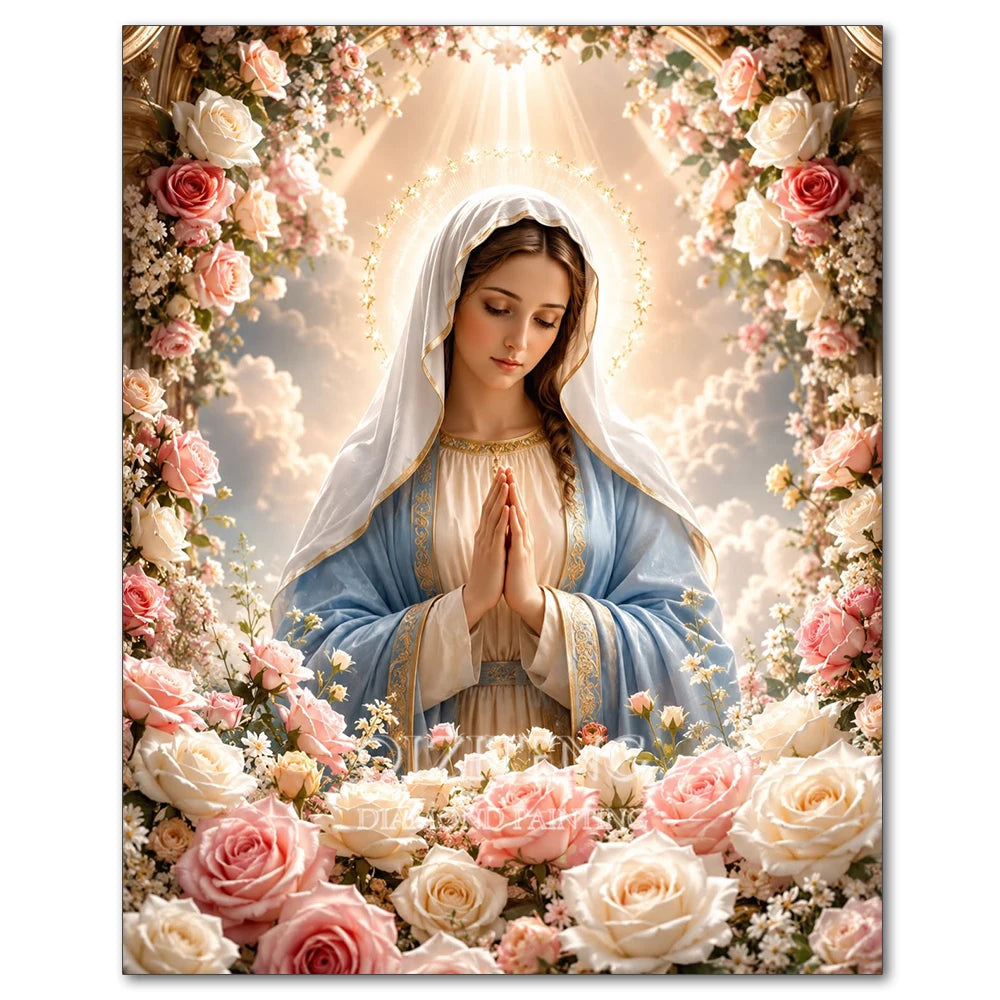 A painting of Jesus and the Virgin Mary with a halo surrounded by roses and light.