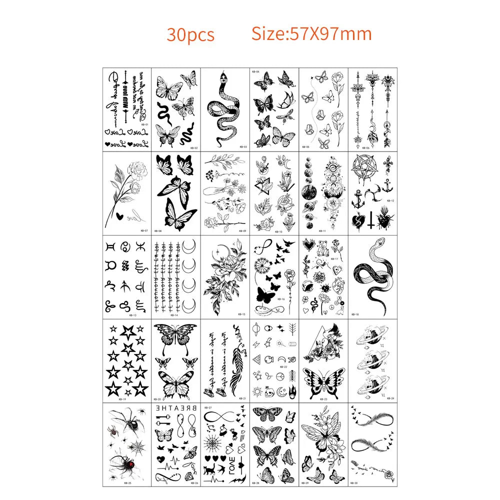 A sheet of 30 temporary tattoos featuring various designs including butterflies, snakes, and floral elements.