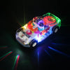 A transparent police car toy with internal lights and music, featuring an orange and green design.