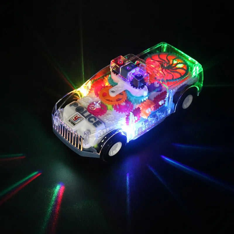 A transparent police car toy with internal lights and music, featuring an orange and green design.