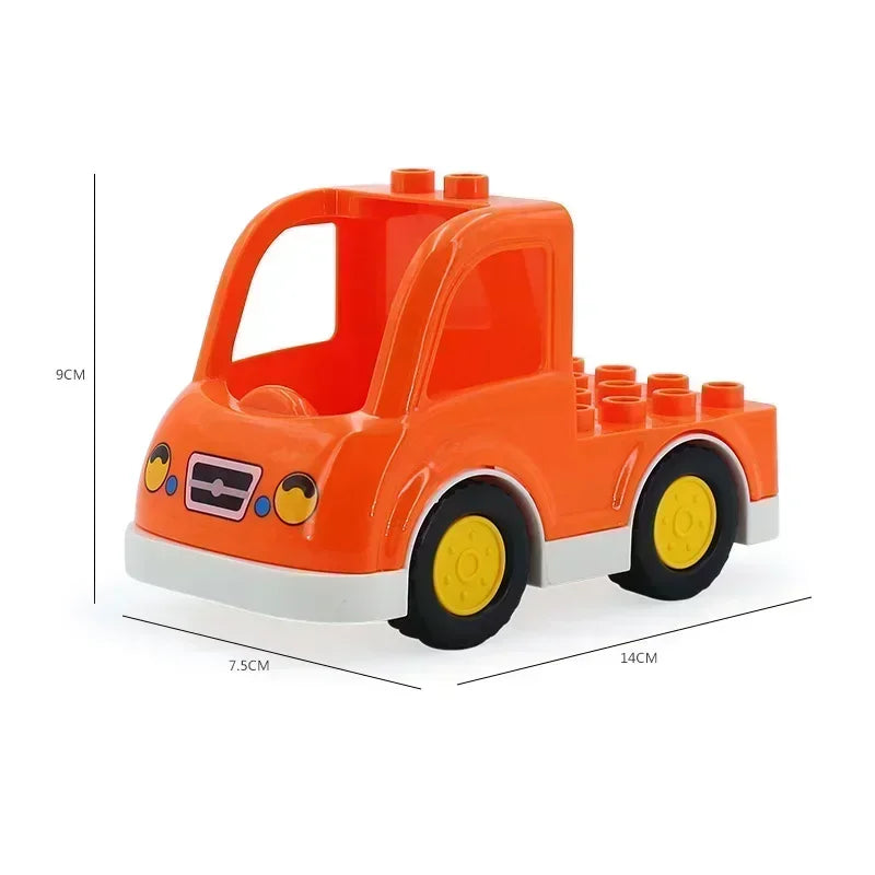 An orange city traffic vehicle building block set resembling a truck with wheels and a cab.