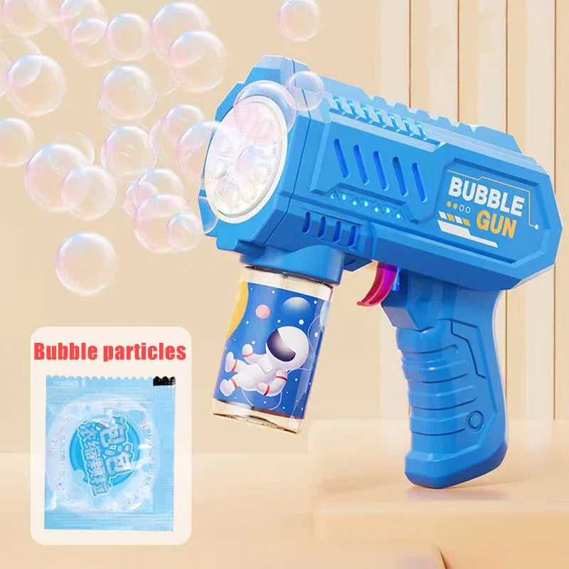 A blue bubble gun with lights is shown firing bubbles against a light background.