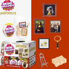 Mini Brands Create Masterpieces series 5 blind balls and related accessories displayed on an orange background