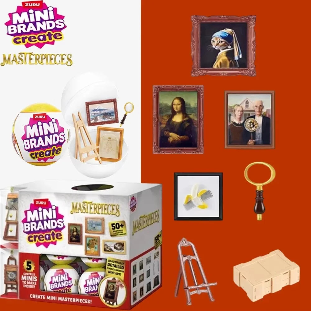 Mini Brands Create Masterpieces series 5 blind balls and related accessories displayed on an orange background