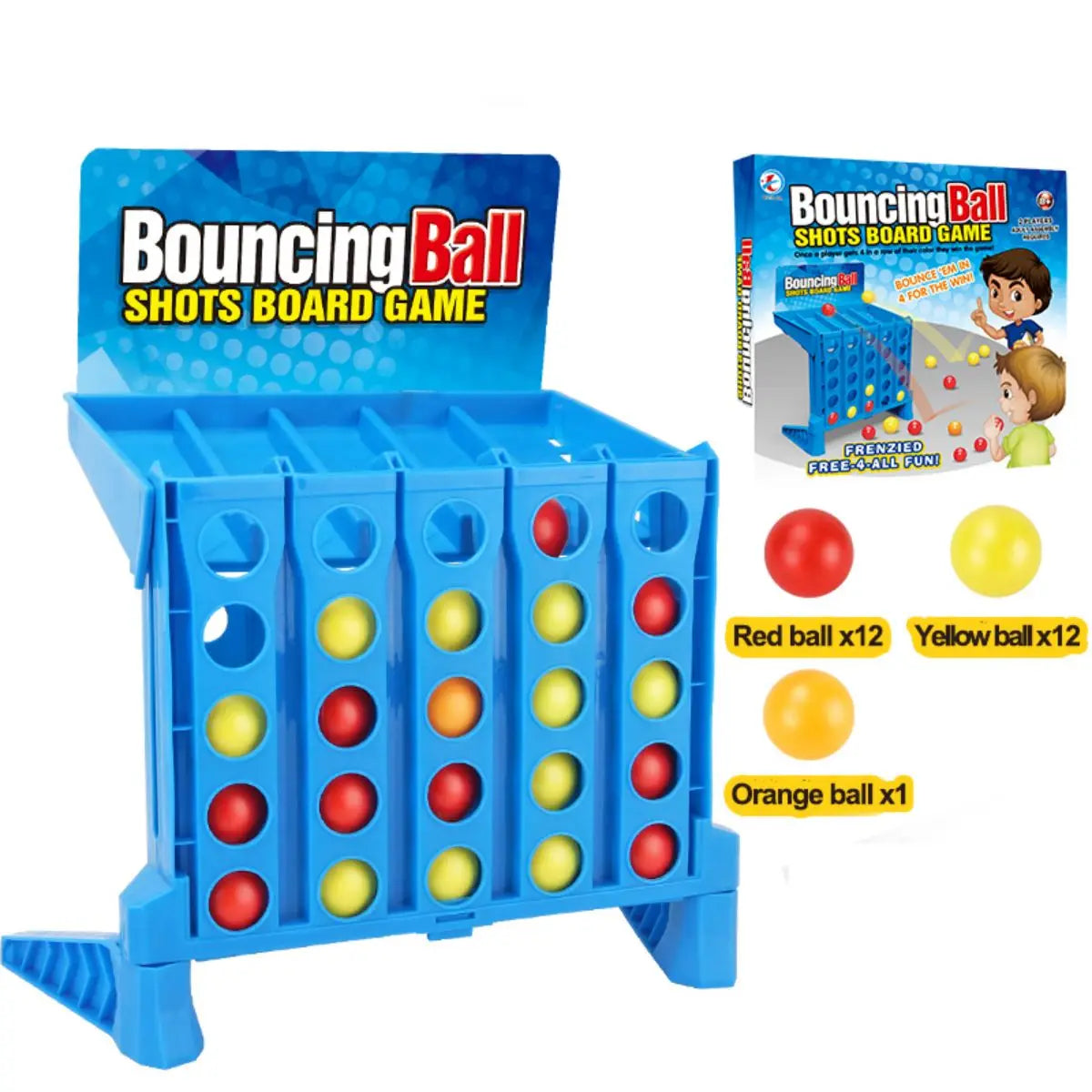 A blue bouncing ball shots board game with multiple colored balls inside for kids and family