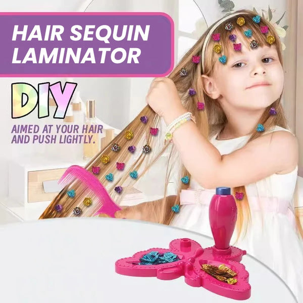 A young girl is using a hair sequin laminator tool to apply decorative sequins to her long hair.