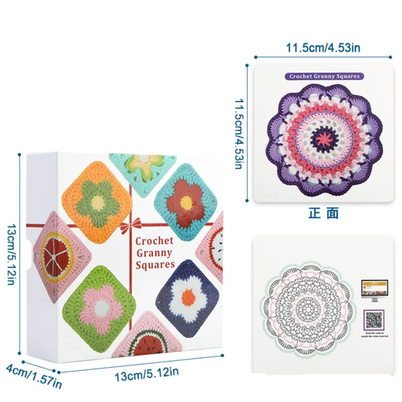 Un ensemble de cartes de patrons de carrés granny à crocheter avec divers motifs floraux et mesures.