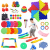 A collection of colorful balance stepping stones, foam mats, and sensory toys for children's motor skill development.