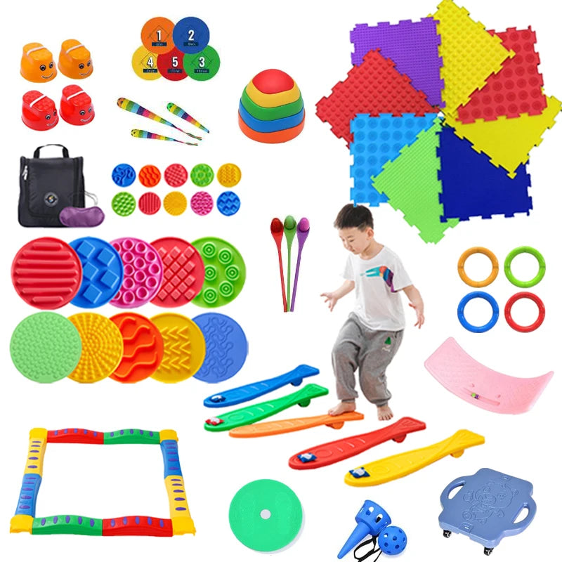 A collection of colorful balance stepping stones, foam mats, and sensory toys for children's motor skill development.