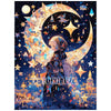 A diamond painting depicts a girl with a halo under a large crescent moon surrounded by stars and a cityscape.