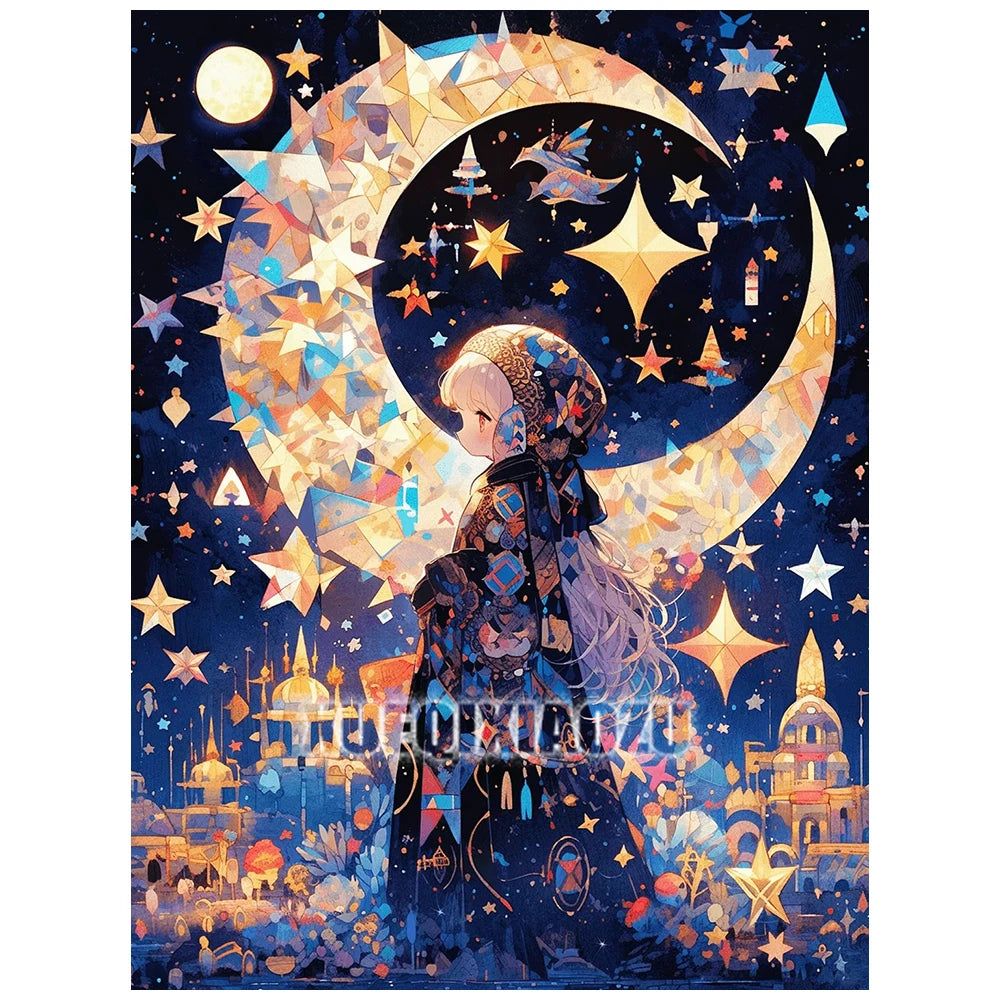 A diamond painting depicts a girl with a halo under a large crescent moon surrounded by stars and a cityscape.
