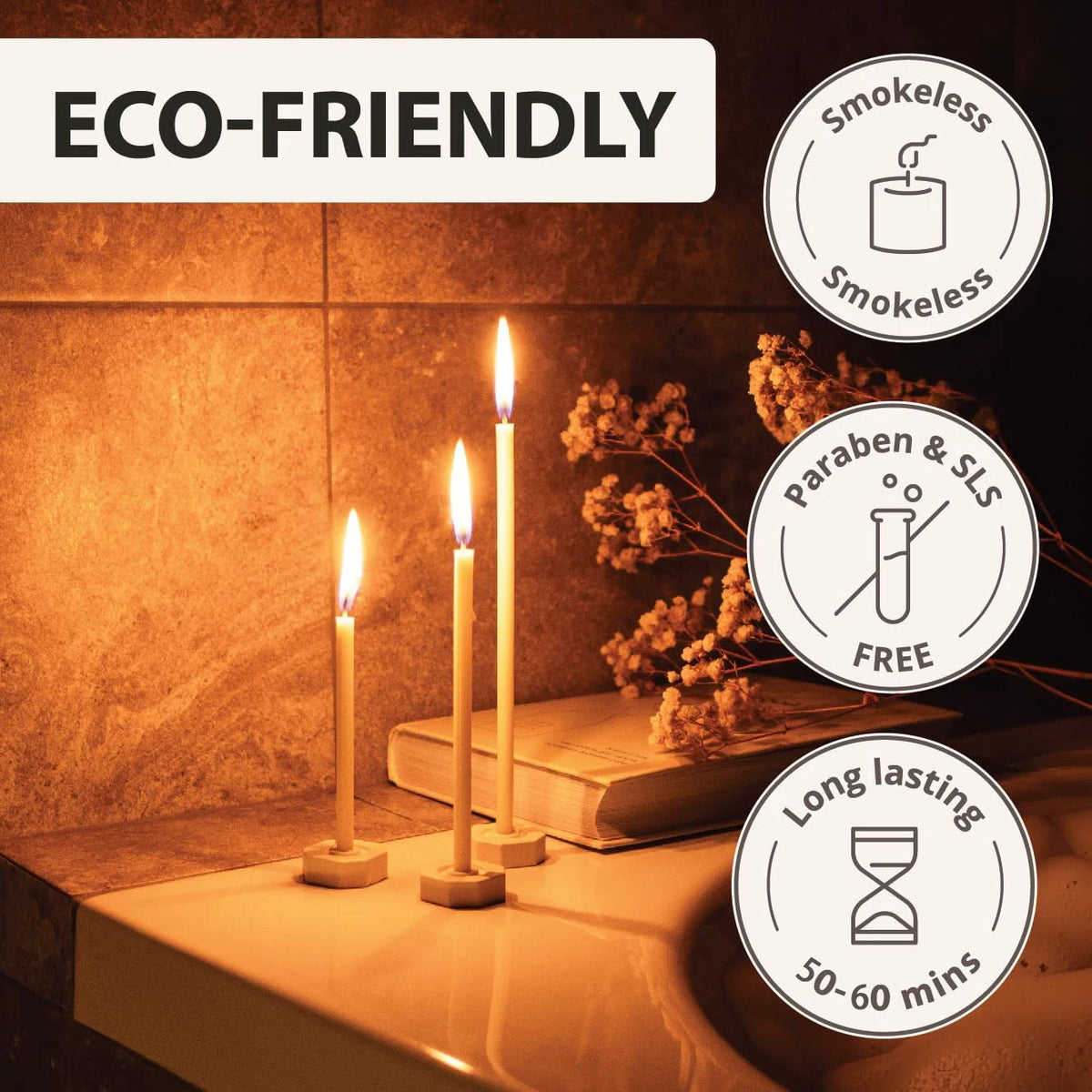 Natural beeswax taper candles displayed on a surface with labels indicating they are eco-friendly, smokeless, and free of par