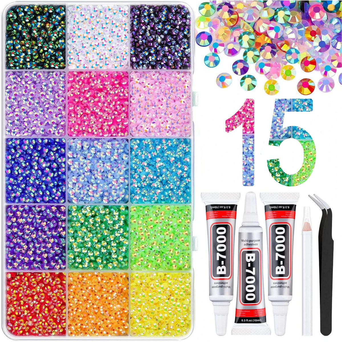 A collection of B-7000 resin jelly rhinestones and flatback gems in various colors and sizes for crafting.
