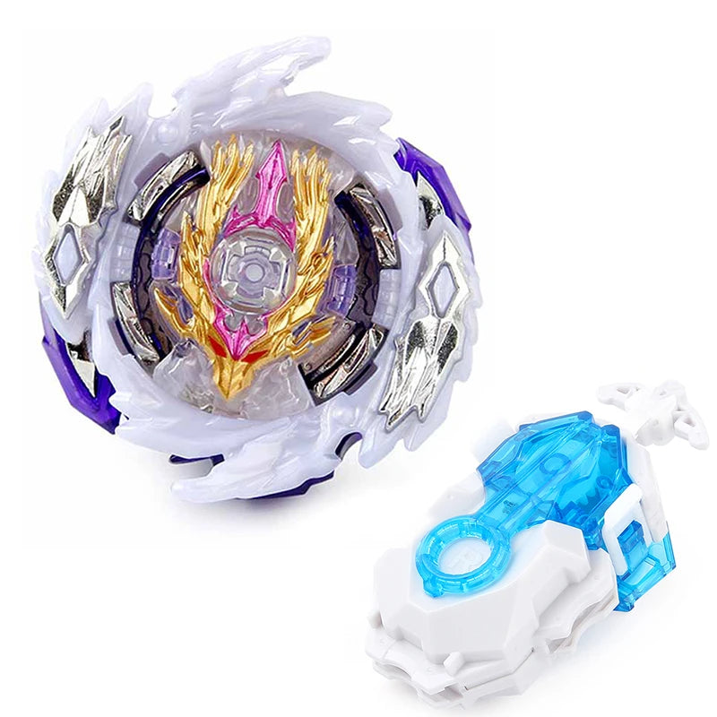 A clear and purple metal spinning top battle set with a blue string launcher.