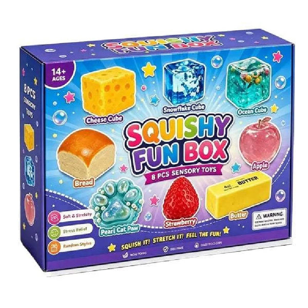 A box of Squishy Fun Box sensory toys including cheese, snowflake, ocean, and apple cubes.