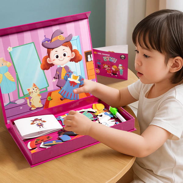 Ein Mädchen spielt mit einem rosa Magnetpuzzle mit einer Figur und bunten Teilen.