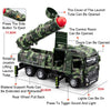 A diecast military missile truck toy in camouflage, showing various features like launch tube, control room, and lights.