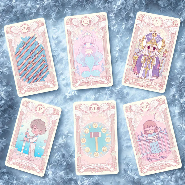 A collection of pastel tarot cards featuring various arcana including the Knight of Wands, Queen of Cups, and Page of Swords.