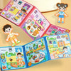 A colorful magnetic quiet book featuring various activities and stickers for children.
