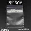A clear resealable plastic bag containing 50 pieces of small items, with dimensions 9x13cm and a weight of 80g.