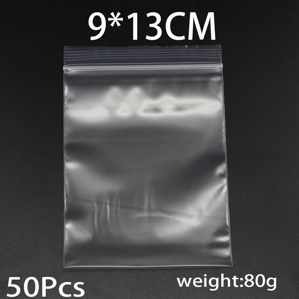 A clear resealable plastic bag containing 50 pieces of small items, with dimensions 9x13cm and a weight of 80g.