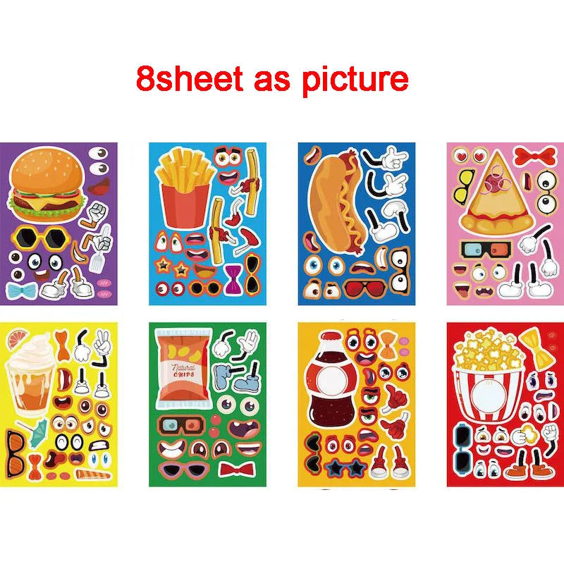An 8-sheet DIY pizza sticker craft kit featuring various food items like burgers, fries, and pizza slices.
