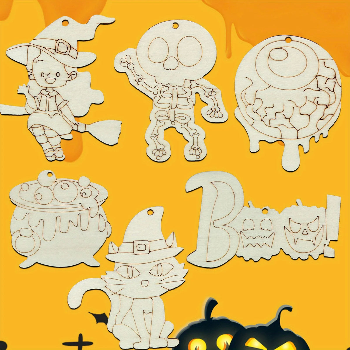 A collection of unfinished wooden Halloween hanging ornaments featuring a witch, a monster, a globe, and a bat-eared cat on a