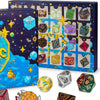 A box of 24-Day Holiday Countdown Dice Set featuring various festive dice and a large yellow die.