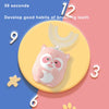 A pink panda-shaped electric toothbrush is shown with a U-shaped head, set against a colorful background.