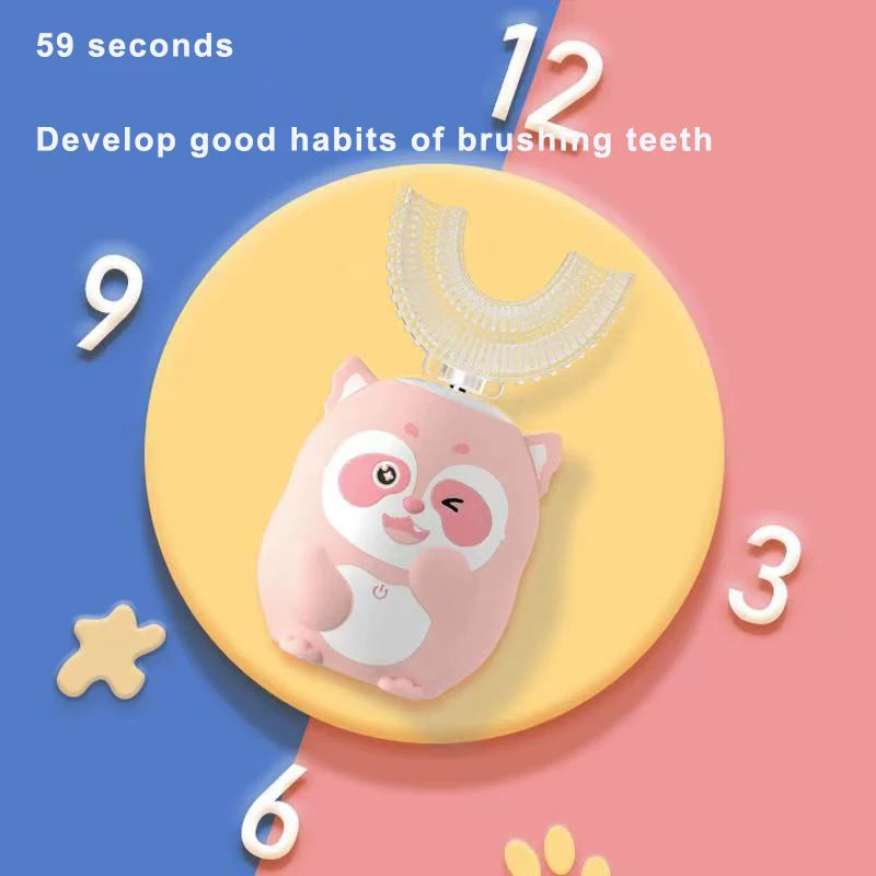 A pink panda-shaped electric toothbrush is shown with a U-shaped head, set against a colorful background.