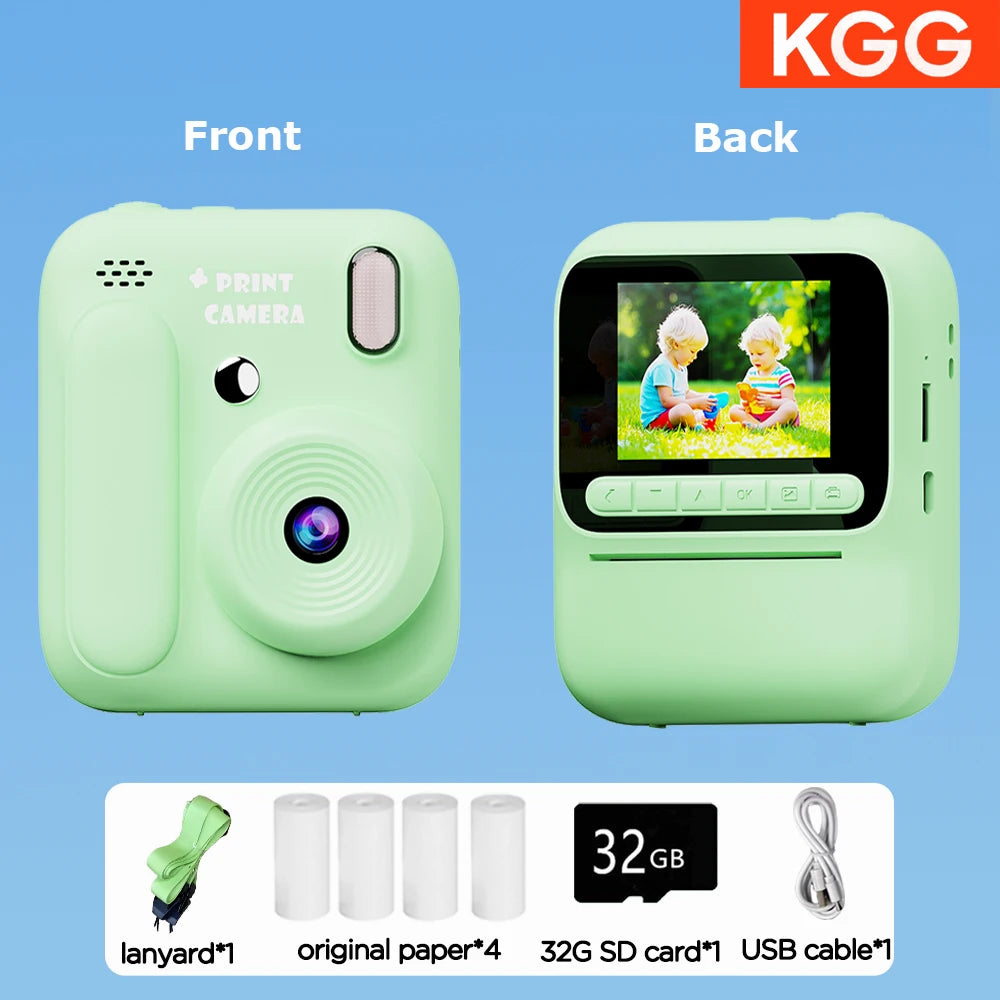 Front and back views of a light green instant print camera showing the device and accessories.