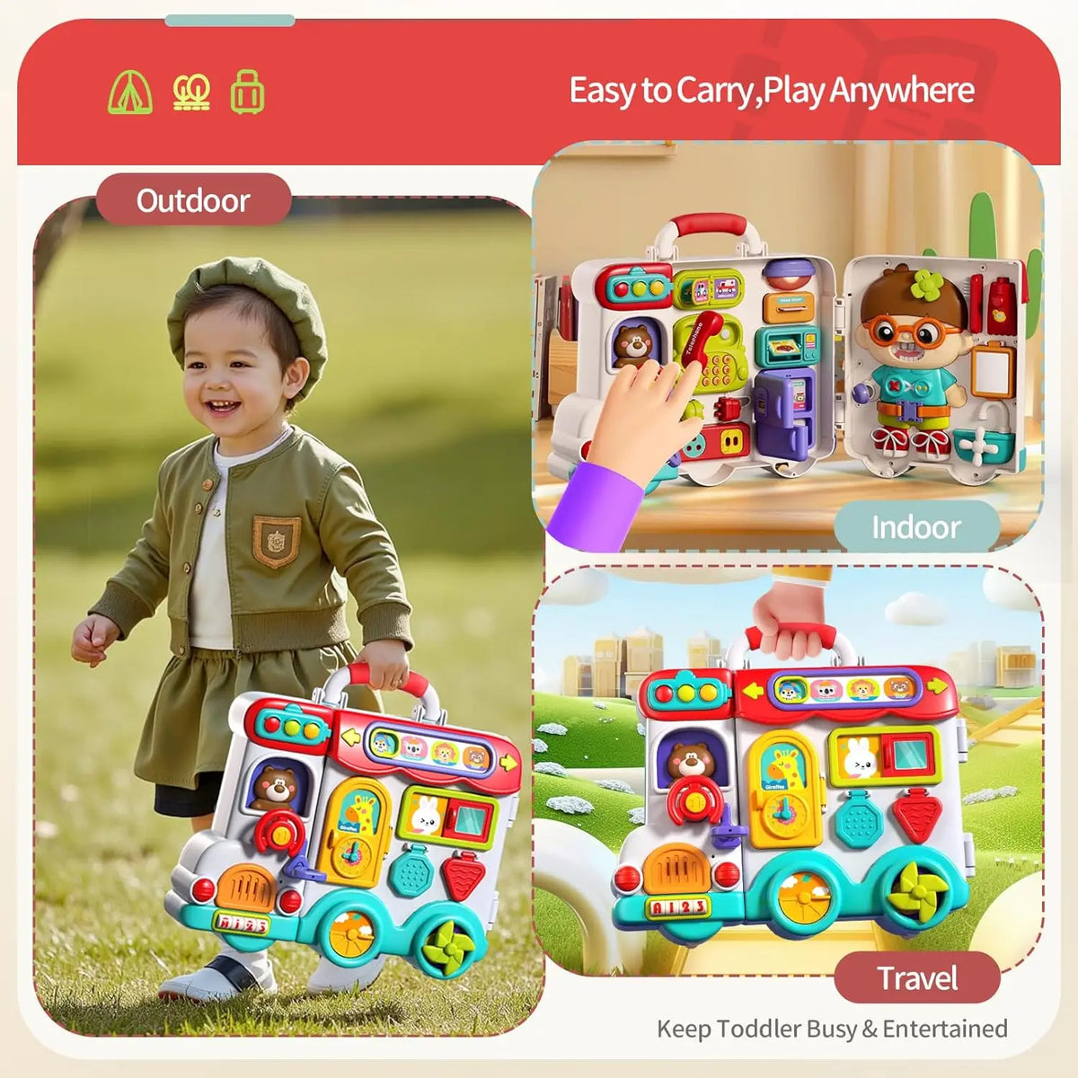 A toddler is playing with a colorful Montessori busy board for motor skills activities in an outdoor setting.