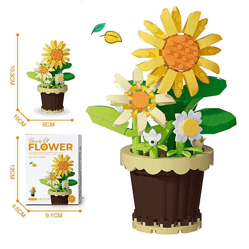 A building block flower bouquet kit featuring a large yellow sunflower and accompanying flowers in a brown pot.