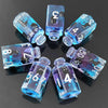 A set of seven floral resin potion bottles shaped like polyhedral dice, featuring various numbers and blue-purple liquid.