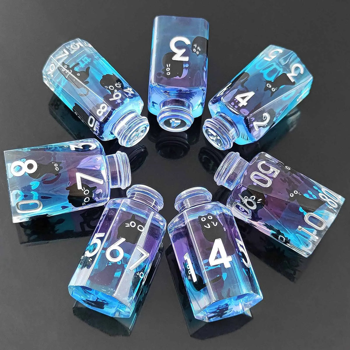 A set of seven floral resin potion bottles shaped like polyhedral dice, featuring various numbers and blue-purple liquid.