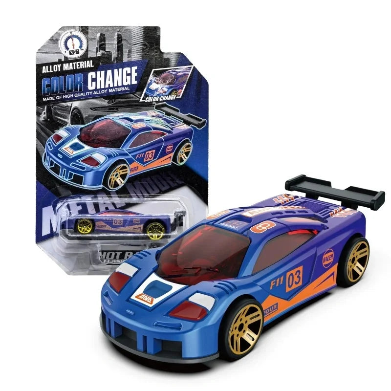 A blue and red pull-back racing car with a color change feature is displayed next to its packaging.
