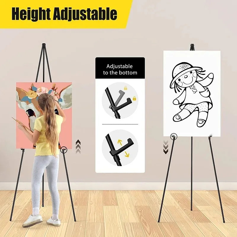 A black adjustable foldable metal easel stand with a canvas displaying a drawing of a figure.