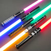 A set of five heavy dueling lightsabers with glowing neon colored blades displayed against a dark gray background.