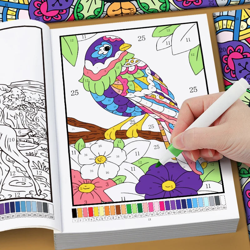An open color by number book showing a bird and flowers for adults to color.