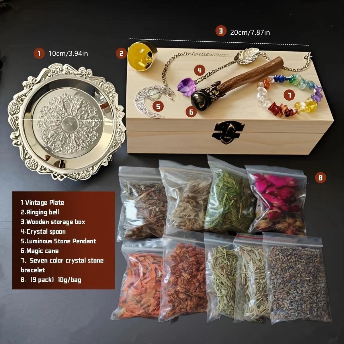 A witchcraft starter kit displayed with a wooden box containing crystals, herbs, and a silver plate.